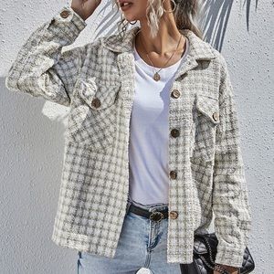 Tweed Plaid Flap Pockets Overshirt